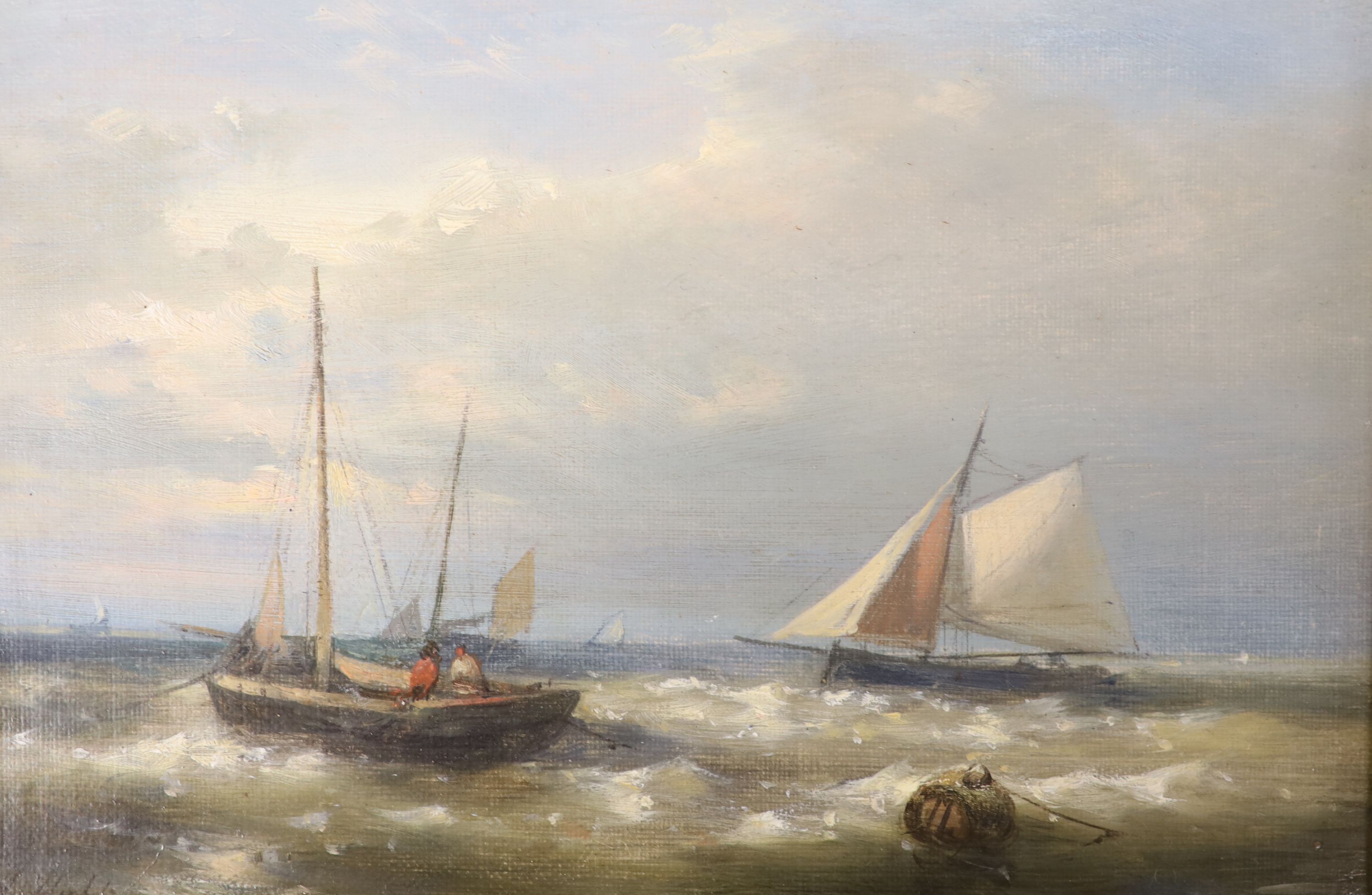 Abraham Hulk (1851-1922), pair of oils on canvas, Shipping off the coast and on a calm sea, signed, 15 x 22cm